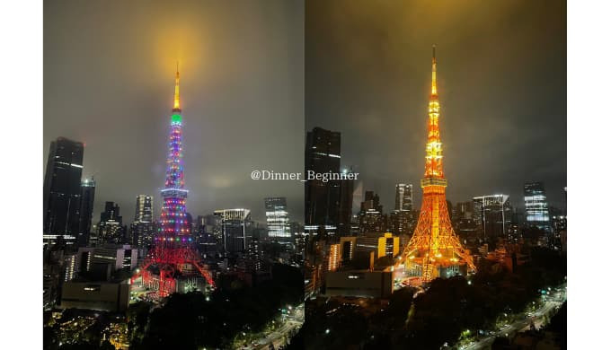 ザ・プリンスパークタワー東京：客室から見える夜の東京タワー（左：インフィニティダイヤモンドヴェール、右：ランドマークライト）