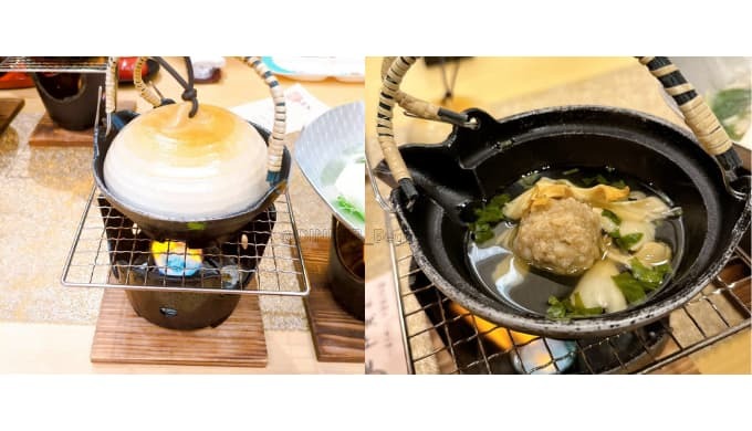 あつみ温泉旅館 萬國屋：秋の土瓶蒸し（柏つみれ、三つ葉、酢橘）